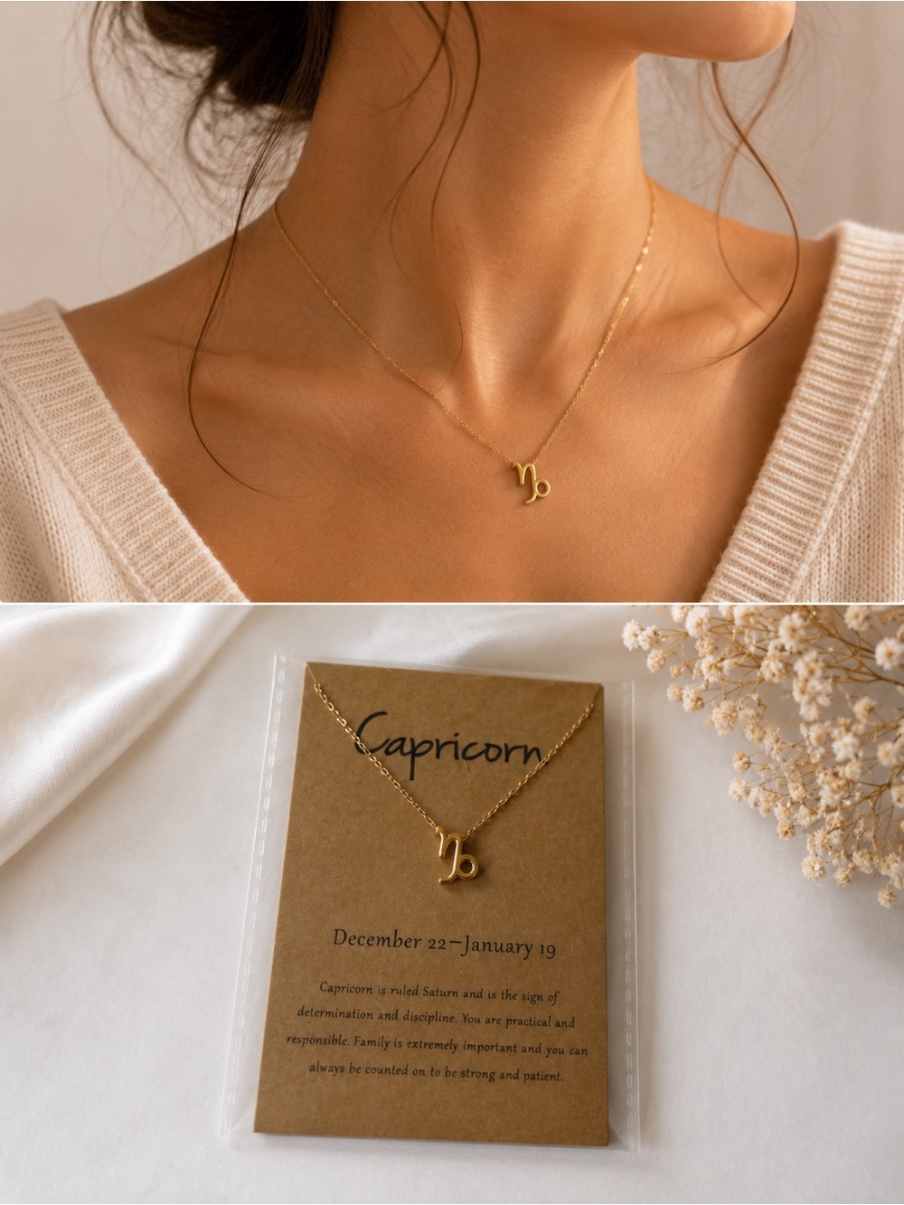 Gold Capricorn Zodiac Necklace - Elegant Capricorn Pendant